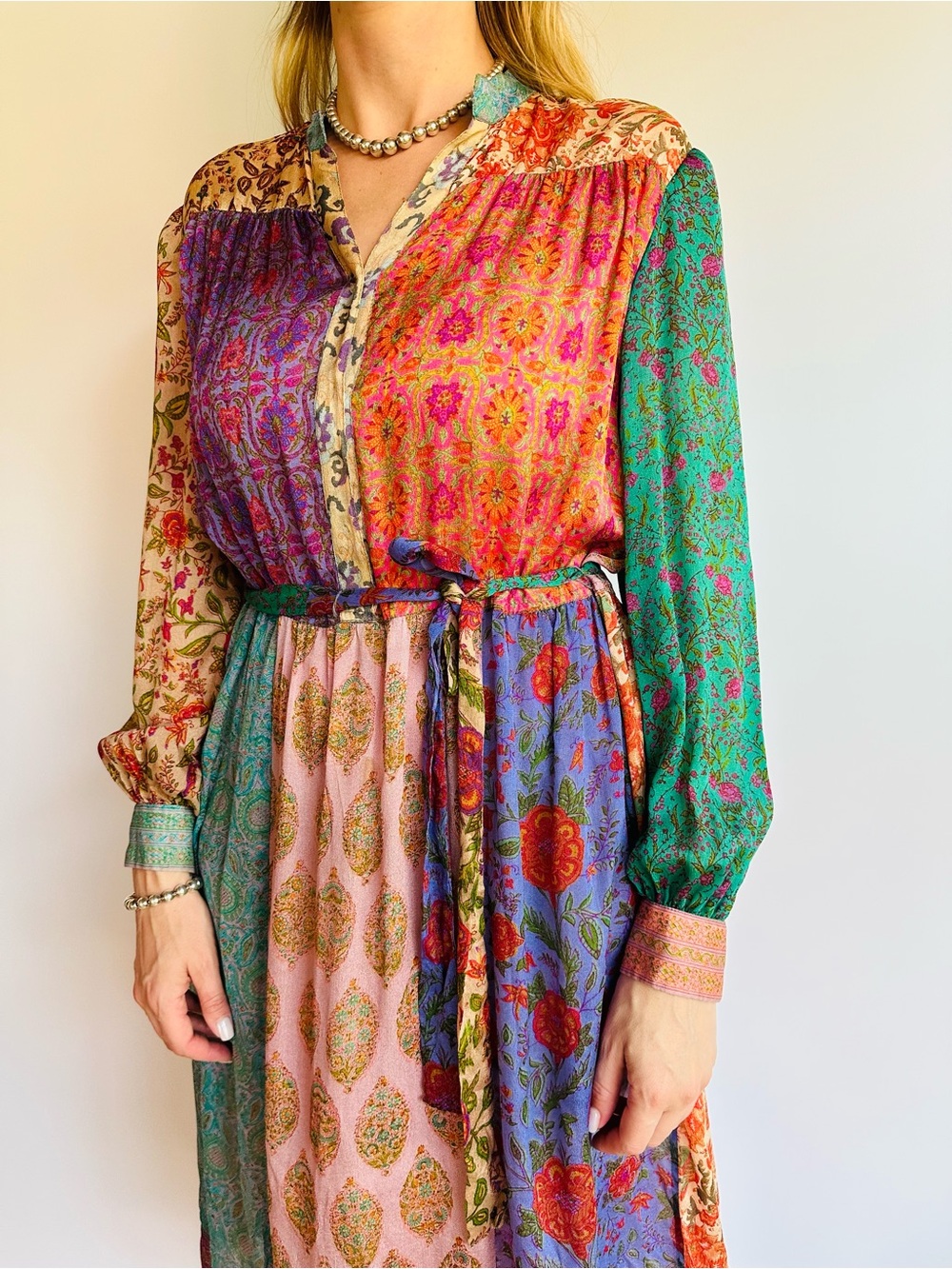 Vintage Judith Ann For Heiser-Egan 100% Silk Patchwork Boho Midi Dress Tie Waist - Picture 5 of 10